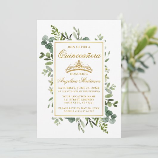 Invitation Aquarelle Verdure Quinceanera Or Sage Vert (Debout devant)
