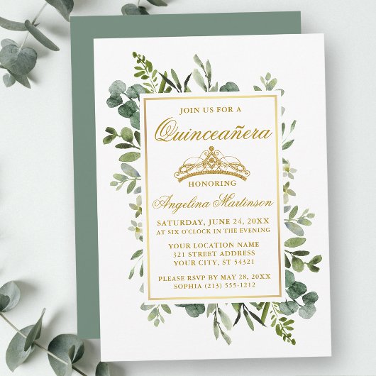 Invitation Aquarelle Verdure Quinceanera Or Sage Vert
