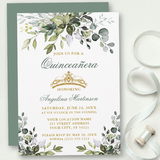 Invitation Aquarelle Verdure Quinceañera Sage Vert Or