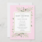 Invitation Aquarelle Verdure rose bébé fille Douche (Devant)