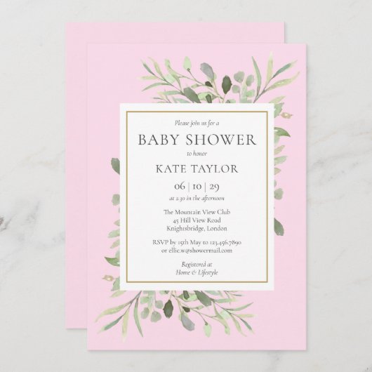 Invitation Aquarelle Verdure rose bébé fille Douche (Devant / Derrière)