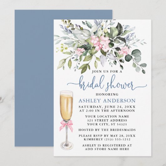 Invitation Aquarelle Verdure rose Dusty Fête des mariées bleu (Devant / Derrière)