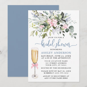 Invitation Aquarelle Verdure rose Dusty Fête des mariées bleu