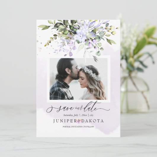 Invitation Aquarelle Verdure Rose Pâle Violet Poussiéreux (Debout devant)