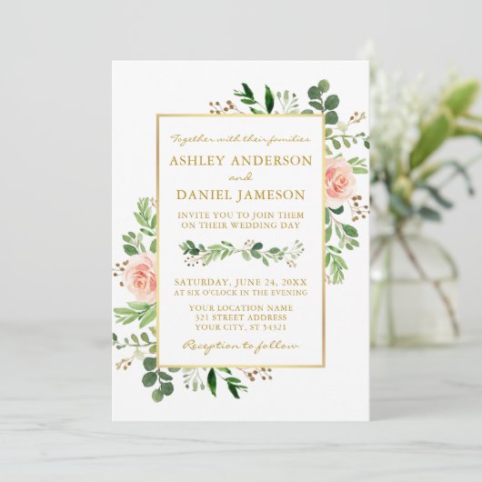 Invitation Aquarelle Verdure Rose Rose Blush Mariage or (Debout devant)
