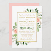 Invitation Aquarelle Verdure Rose Rose Blush Mariage or (Devant / Derrière)