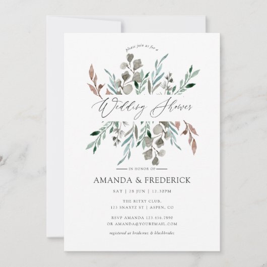 Invitation Aquarelle Verdure rustique Mariage hiver Douche (Devant)