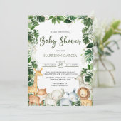 Invitation Aquarelle Verdure Safari Animaux Baby shower garço (Debout devant)