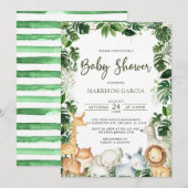 Invitation Aquarelle Verdure Safari Animaux Baby shower garço (Devant / Derrière)