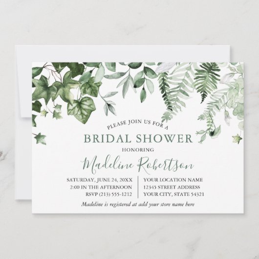 Invitation Aquarelle Verdure Vivy Ferns Sage Douche verte (Devant)