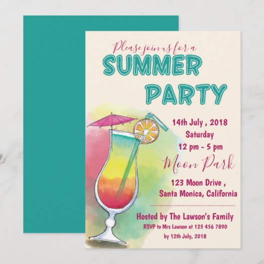 Invitation Aquarelle | Verre à cocktails | Soirée (Devant / Derrière)