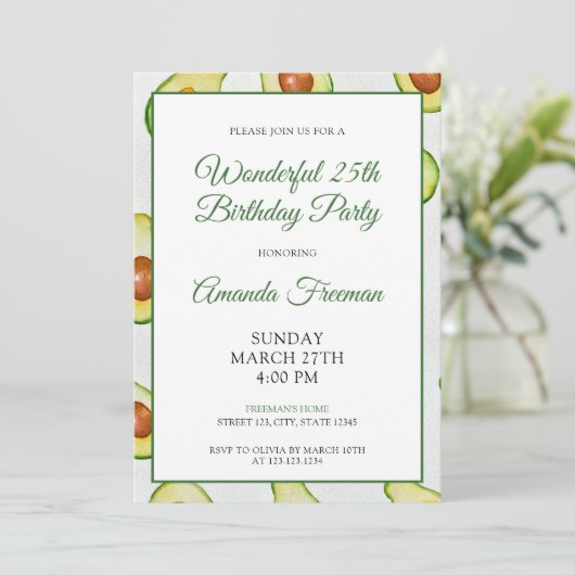 Invitation Aquarelle Vert Avocado Motif Anniversaire (Debout devant)