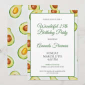 Invitation Aquarelle Vert Avocado Motif Anniversaire (Devant / Derrière)