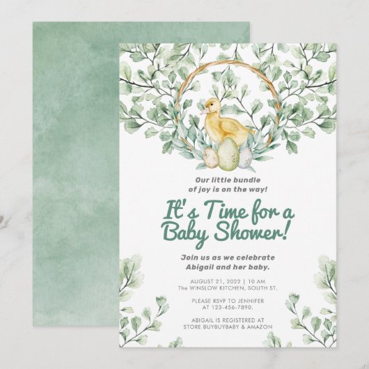 Invitation Aquarelle Vert Baby shower de poussette et de nid (Devant / Derrière)
