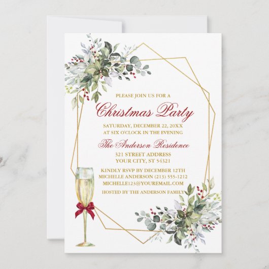 Invitation Aquarelle Vert Berries Noël Or Rouge (Devant)