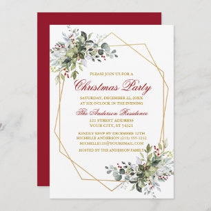Invitation Aquarelle Vert Berries Noël Rouge Or