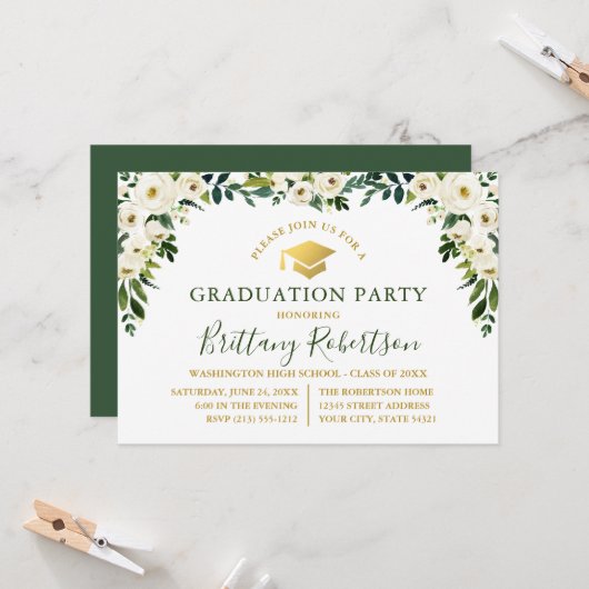 Invitation Aquarelle Vert Blanc Floral Gold Grad Party (Devant/Arrière en situation)