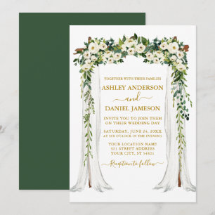 Invitation Aquarelle Vert Blanc Floral Mariage Canopée Or