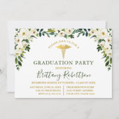 Invitation Aquarelle Vert Blanc Floral Médicale Grad Party (Devant)
