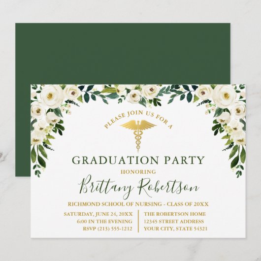 Invitation Aquarelle Vert Blanc Floral Médicale Grad Party (Devant / Derrière)