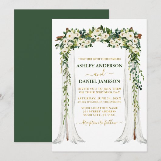 Invitation Aquarelle Vert Blanc Floral Or Mariage Canopée (Devant / Derrière)