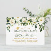 Invitation Aquarelle Vert Blanc Floral Parti de Graduation (Debout devant)