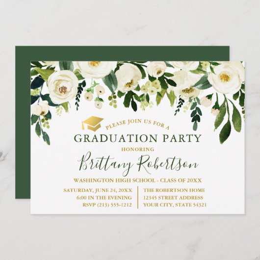 Invitation Aquarelle Vert Blanc Floral Parti de Graduation (Devant / Derrière)