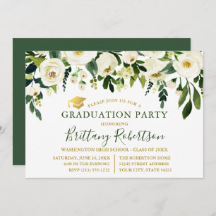 Invitation Aquarelle Vert Blanc Floral Parti de Graduation