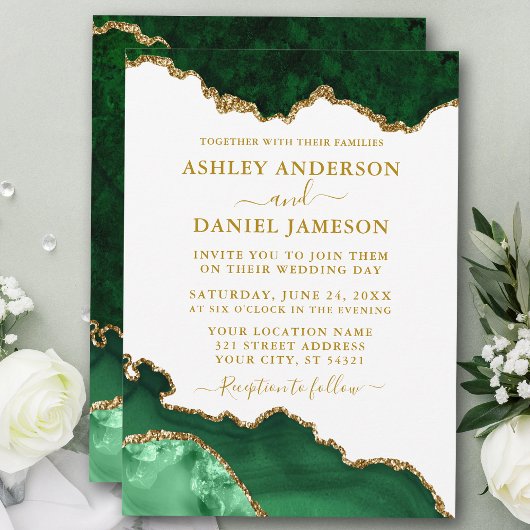 Invitation Aquarelle Vert Blanc Marbre Or Mariage
