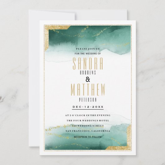 Invitation Aquarelle vert blanc or parties scintillant Mariag (Devant)