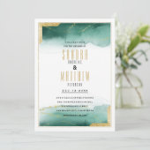 Invitation Aquarelle vert blanc or parties scintillant Mariag (Debout devant)