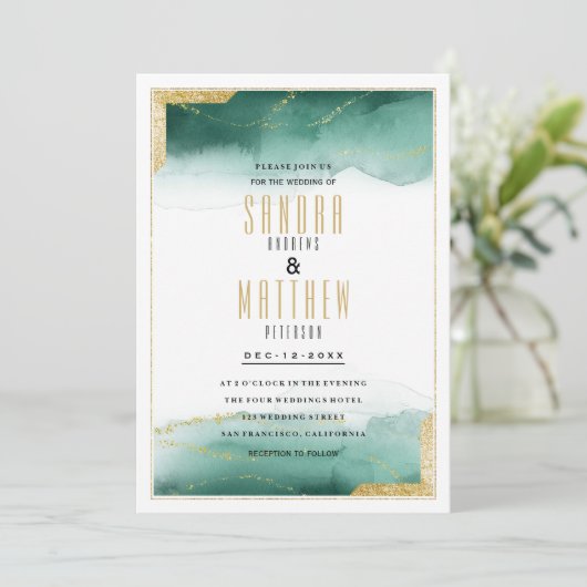 Invitation Aquarelle vert blanc or parties scintillant Mariag (Debout devant)