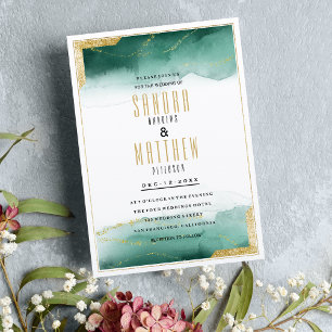 Invitation Aquarelle vert blanc or parties scintillant Mariag