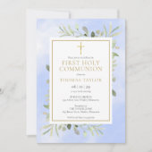 Invitation Aquarelle Vert Bleu Première Sainte Communion (Devant)