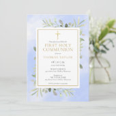 Invitation Aquarelle Vert Bleu Première Sainte Communion (Debout devant)