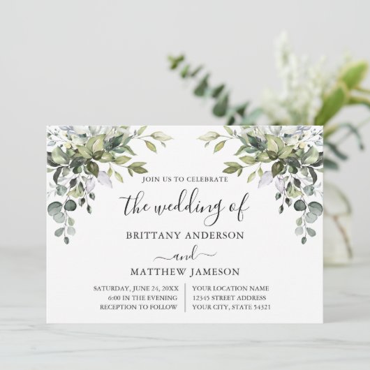 Invitation Aquarelle Vert Calligraphie Sage Vert Mariage (Debout devant)