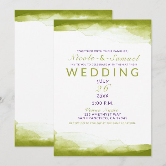 Invitation Aquarelle Vert Chartreuse Mariage Moderne Chic (Devant / Derrière)