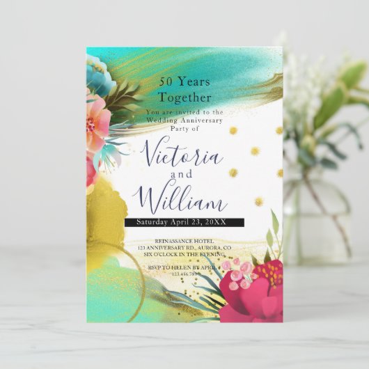 Invitation Aquarelle Vert Clair Or Rose 50e Anniversaire (Debout devant)