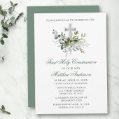 Invitation Aquarelle vert Communion Sage vert argent