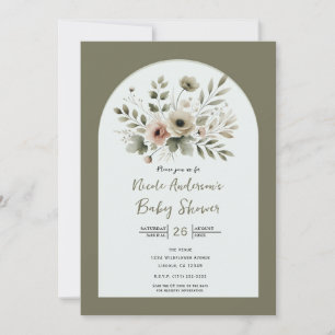 Invitation Aquarelle vert d'olive kaki Baby shower floral