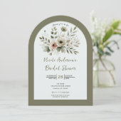 Invitation Aquarelle vert d'olive kaki Fête des mariées flora (Debout devant)