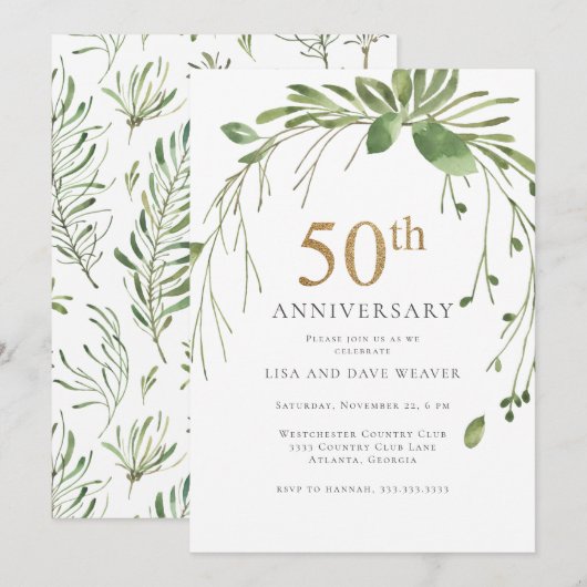 Invitation Aquarelle Vert Doré 50e Anniversaire (Devant / Derrière)