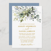 Invitation Aquarelle Vert Dusty Bleu Mariage Or (Devant / Derrière)