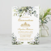 Invitation Aquarelle Vert Dusty bleu Quinceañera Or (Debout devant)