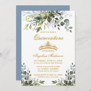 Invitation Aquarelle Vert Dusty bleu Quinceañera Or