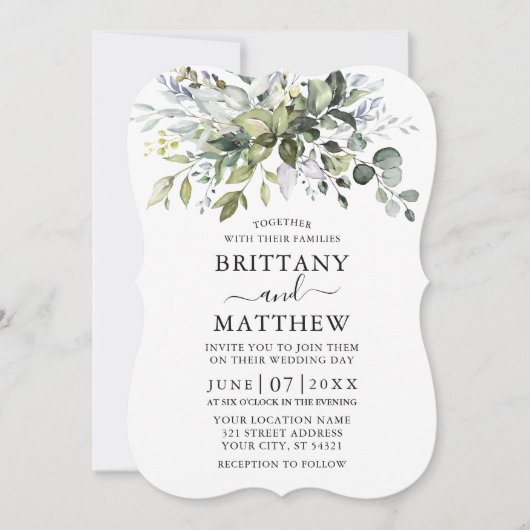Invitation Aquarelle Vert Dusty Blue Bracket (Devant)