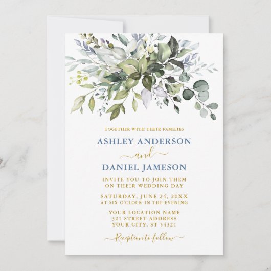 Invitation Aquarelle vert Dusty Blue Photo Mariage or (Devant)
