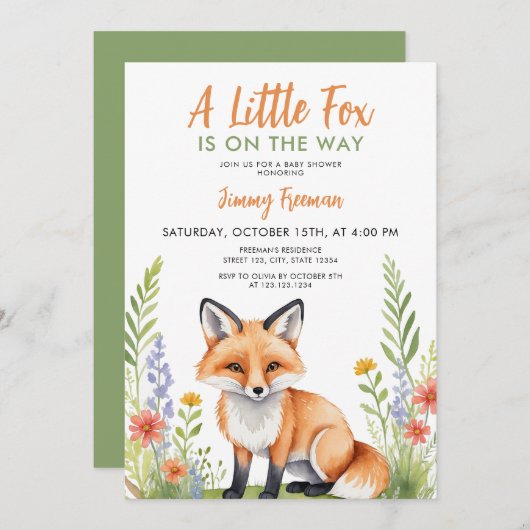 Invitation Aquarelle Vert et Brown Baby shower Fox mou (Devant / Derrière)