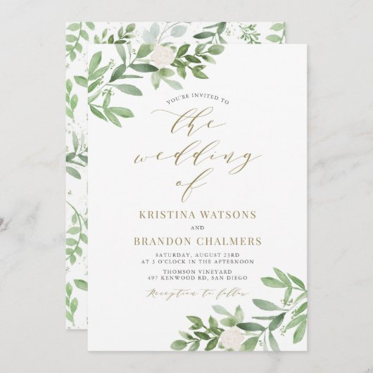Invitation Aquarelle vert et fleurs blanches Mariage (Devant / Derrière)
