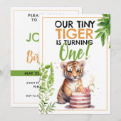 Invitation Aquarelle Vert et Orange Cute Kids Tiger (Devant / Derrière)